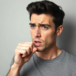 A handsome guy with dark hair and blue eyes is shown coughing into his fist