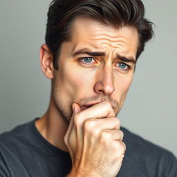 A handsome guy with dark hair and blue eyes is shown coughing into his fist