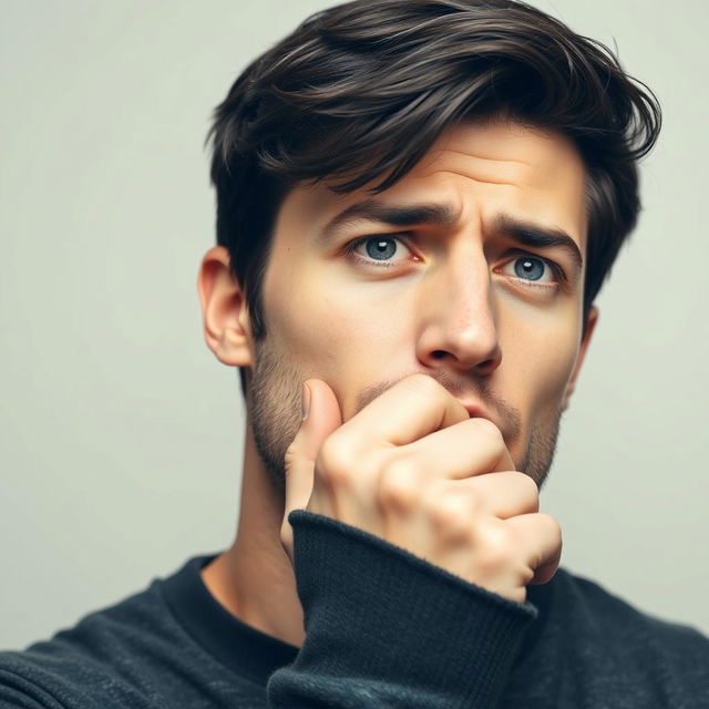 A handsome guy with dark hair and blue eyes is shown coughing into his fist