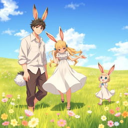 A delightful scene featuring an anime hare family of beastmen in a picturesque meadow