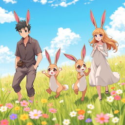 A delightful scene featuring an anime hare family of beastmen in a picturesque meadow