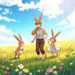 A delightful scene featuring an anime hare family of beastmen in a picturesque meadow