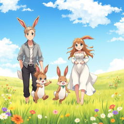 A delightful scene featuring an anime hare family of beastmen in a picturesque meadow