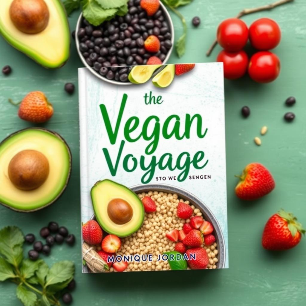 Design a colorful and vibrant book cover for a vegan cookbook titled 'The Vegan Voyage' by Monique Jordan