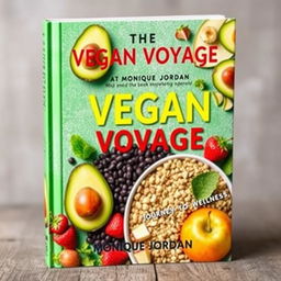 Design a colorful and vibrant book cover for a vegan cookbook titled 'The Vegan Voyage' by Monique Jordan