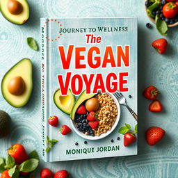 Design a colorful and vibrant book cover for a vegan cookbook titled 'The Vegan Voyage' by Monique Jordan