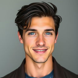 A handsome guy with dark hair and blue eyes is shown in a neutral background