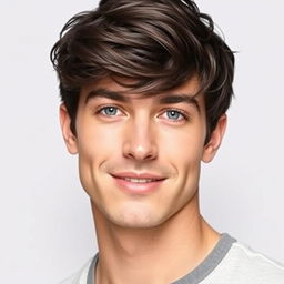 A handsome guy with dark hair and blue eyes is shown in a neutral background