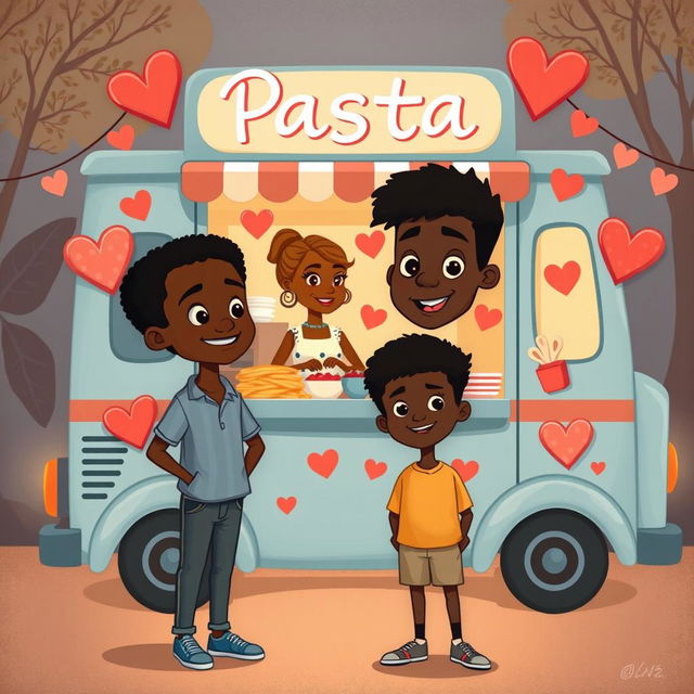 A cute, romantic, and somewhat sombre animated figure drawing of a pasta food truck decorated with hearts and love symbols