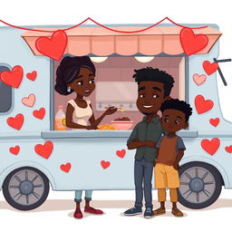 A cute, romantic, and somewhat sombre animated figure drawing of a pasta food truck decorated with hearts and love symbols