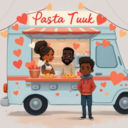 A cute, romantic, and somewhat sombre animated figure drawing of a pasta food truck decorated with hearts and love symbols