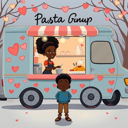 A cute, romantic, and somewhat sombre animated figure drawing of a pasta food truck decorated with hearts and love symbols