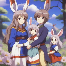 A delightful scene featuring an anime hare family of beastmen in a picturesque meadow