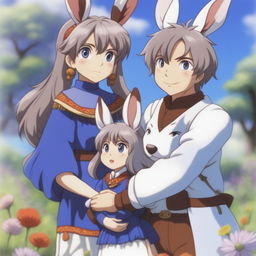 A delightful scene featuring an anime hare family of beastmen in a picturesque meadow