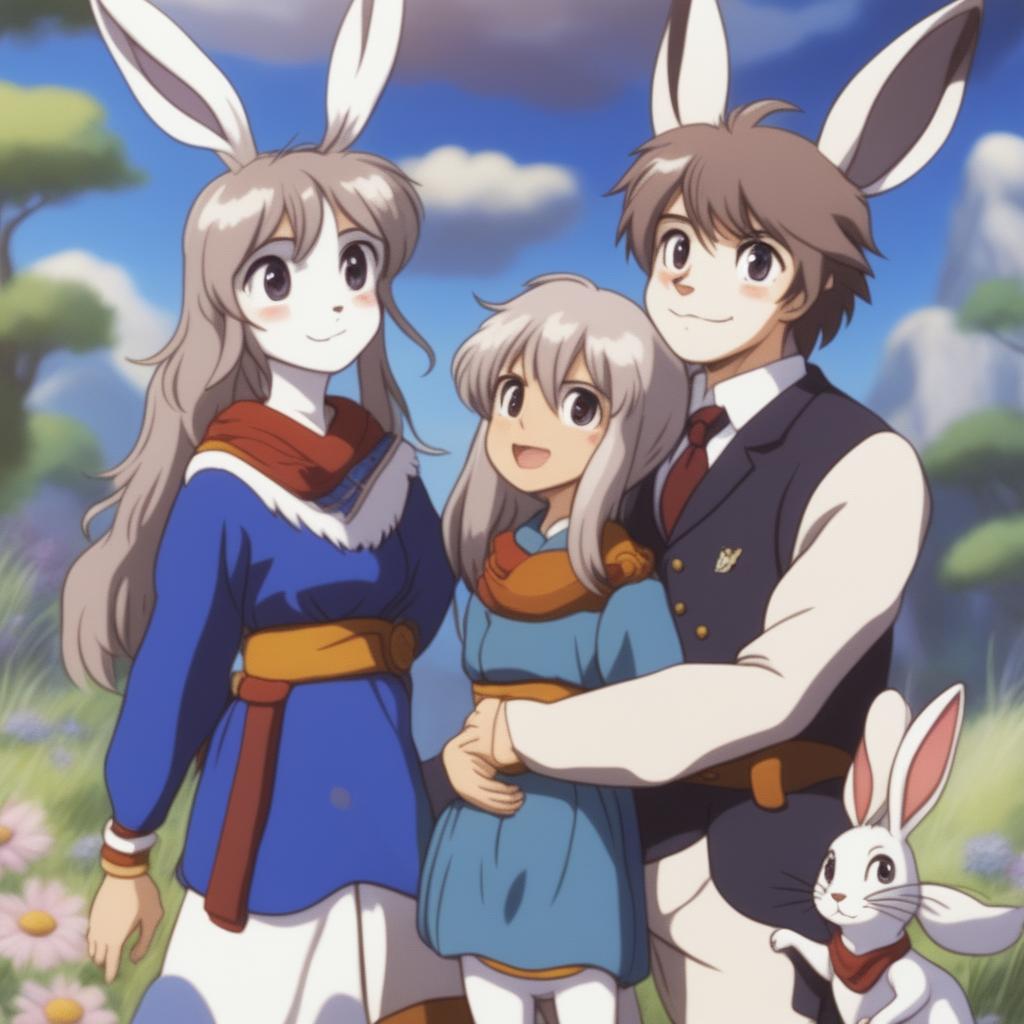 A delightful scene featuring an anime hare family of beastmen in a picturesque meadow