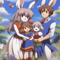 A delightful scene featuring an anime hare family of beastmen in a picturesque meadow