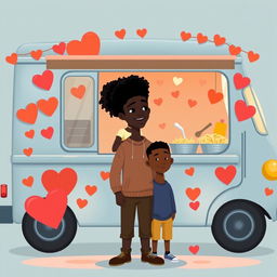 A cute romance novel book cover featuring a sombre animated figure drawing of a pasta food truck decorated with hearts and love symbols