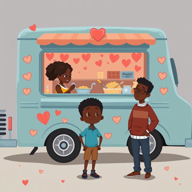 A cute romance novel book cover featuring a sombre animated figure drawing of a pasta food truck decorated with hearts and love symbols