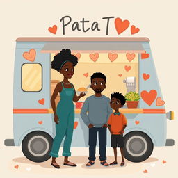 A cute romance novel book cover featuring a sombre animated figure drawing of a pasta food truck decorated with hearts and love symbols