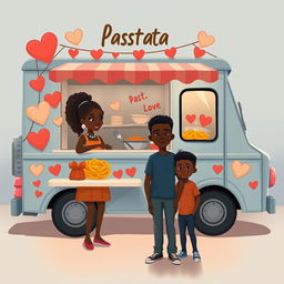 A cute romance novel book cover featuring a sombre animated figure drawing of a pasta food truck decorated with hearts and love symbols