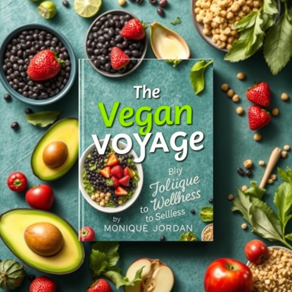 Design a printable, colorful, and vibrant book cover for a vegan cookbook titled 'The Vegan Voyage' by Monique Jordan