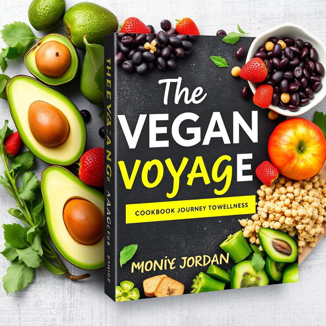 Design a printable, colorful, and vibrant book cover for a vegan cookbook titled 'The Vegan Voyage' by Monique Jordan