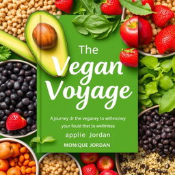 Design a printable, colorful, and vibrant book cover for a vegan cookbook titled 'The Vegan Voyage' by Monique Jordan