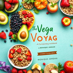 Design a printable, colorful, and vibrant book cover for a vegan cookbook titled 'The Vegan Voyage' by Monique Jordan