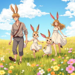 A delightful scene featuring an anime hare family of beastmen in a picturesque meadow