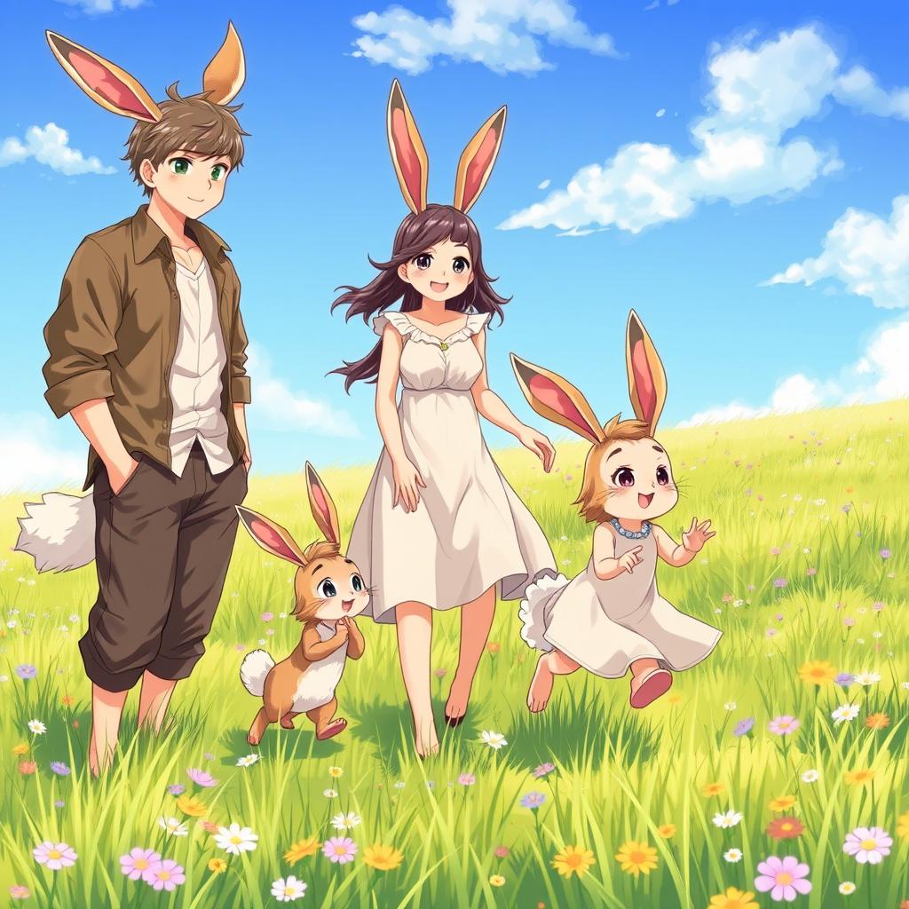 A delightful scene featuring an anime hare family of beastmen in a picturesque meadow