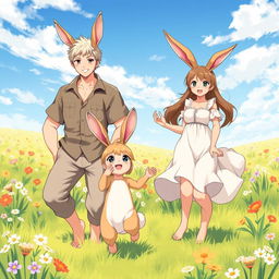 A delightful scene featuring an anime hare family of beastmen in a picturesque meadow