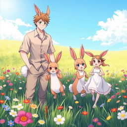 A delightful scene featuring an anime hare family of beastmen in a picturesque meadow