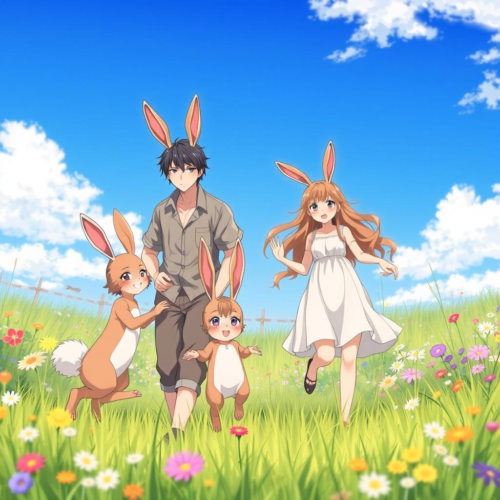 A heartwarming scene featuring an anime hare family of beastmen in a vibrant meadow