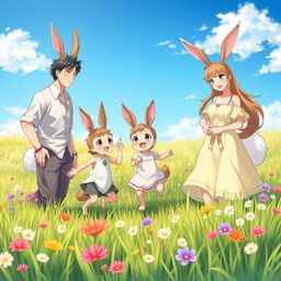 A heartwarming scene featuring an anime hare family of beastmen in a vibrant meadow