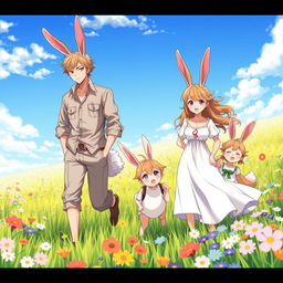 A heartwarming scene featuring an anime hare family of beastmen in a vibrant meadow