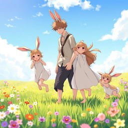 A heartwarming scene featuring an anime hare family of beastmen in a vibrant meadow