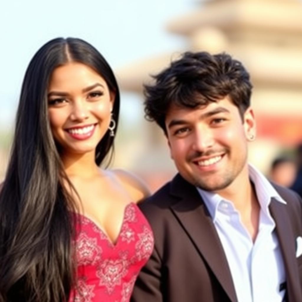 A beautiful woman with long black hair standing next to a handsome man