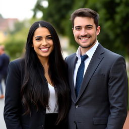 A beautiful woman with long black hair standing next to a handsome man