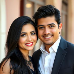 A beautiful woman with long black hair standing next to a handsome man