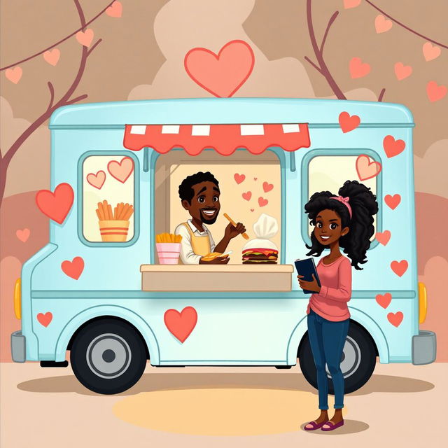 A cute romance novel book cover featuring an animated figure drawing of a food truck decorated with hearts and love symbols