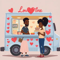 A cute romance novel book cover featuring an animated figure drawing of a food truck decorated with hearts and love symbols