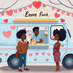 A cute romance novel book cover featuring an animated figure drawing of a food truck decorated with hearts and love symbols