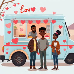 A cute romance novel book cover featuring an animated figure drawing of a food truck decorated with hearts and love symbols