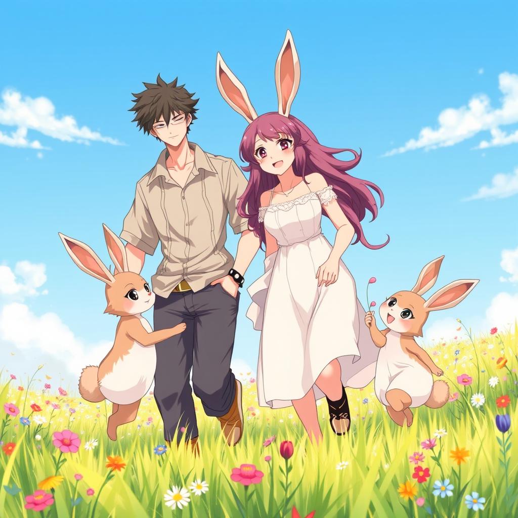 A heartwarming scene featuring an anime hare family of beastmen in a vibrant meadow