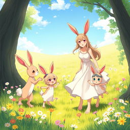 A heartwarming scene featuring an anime hare family of beastmen in a vibrant meadow