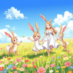 A heartwarming scene featuring an anime hare family of beastmen in a vibrant meadow