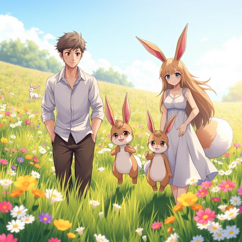 A heartwarming scene featuring an anime hare family of beastmen in a vibrant meadow