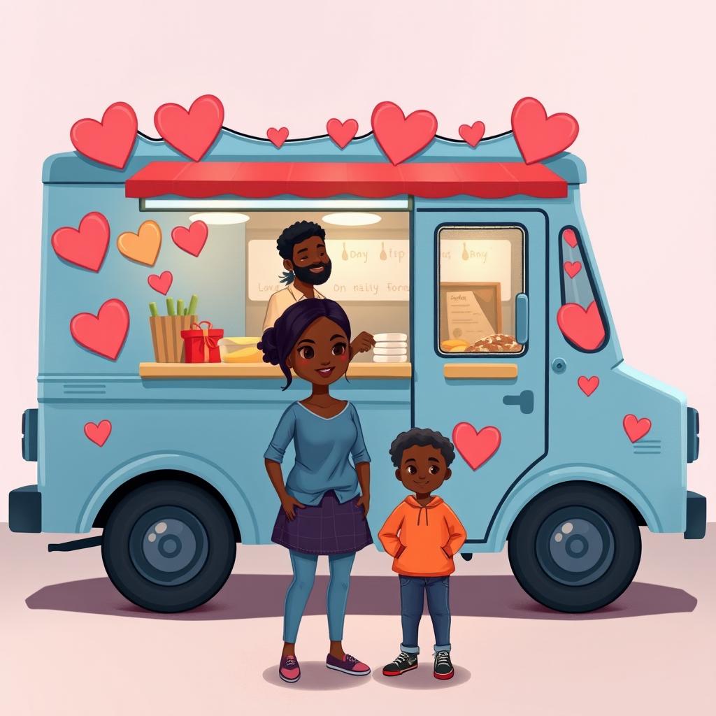 A cute romance novel book cover featuring an animated figure drawing of a food truck decorated with hearts and love symbols