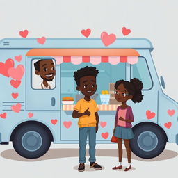 A cute romance novel book cover featuring an animated figure drawing of a food truck decorated with hearts and love symbols