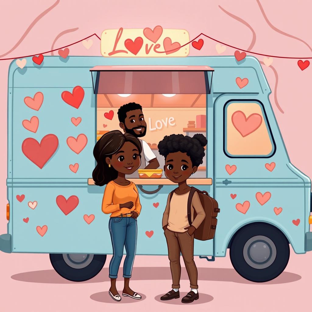 A cute romance novel book cover featuring an animated figure drawing of a food truck decorated with hearts and love symbols